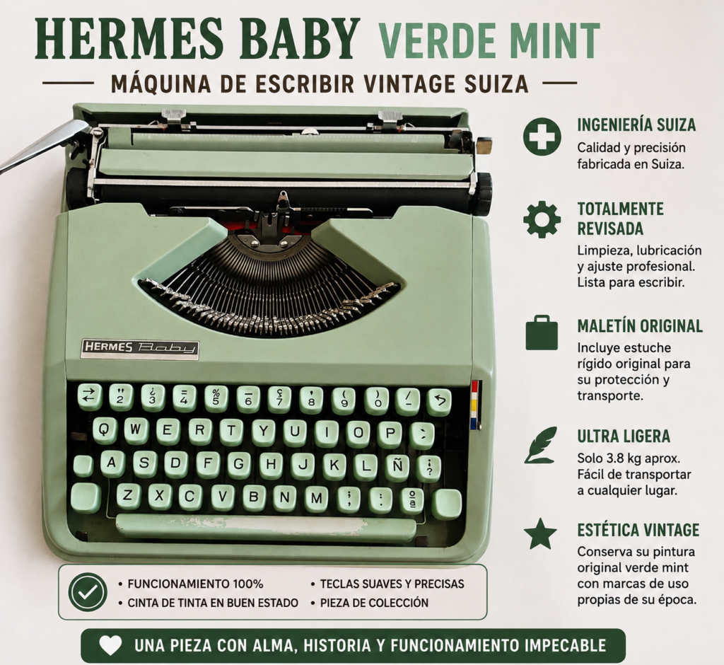 Hermes Baby verde mint – máquina de escribir vintage suiza