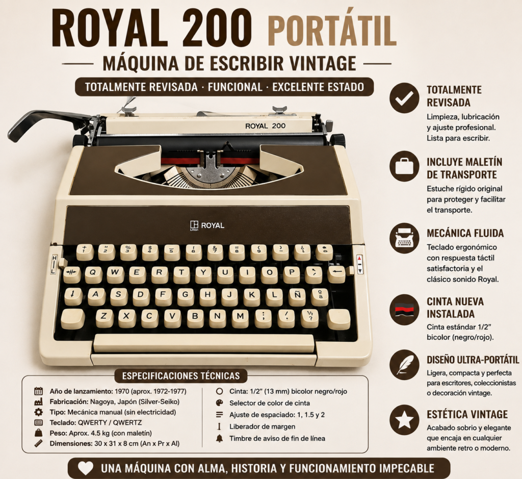 Royal 200 portátil – máquina de escribir vintage revisada y funcional