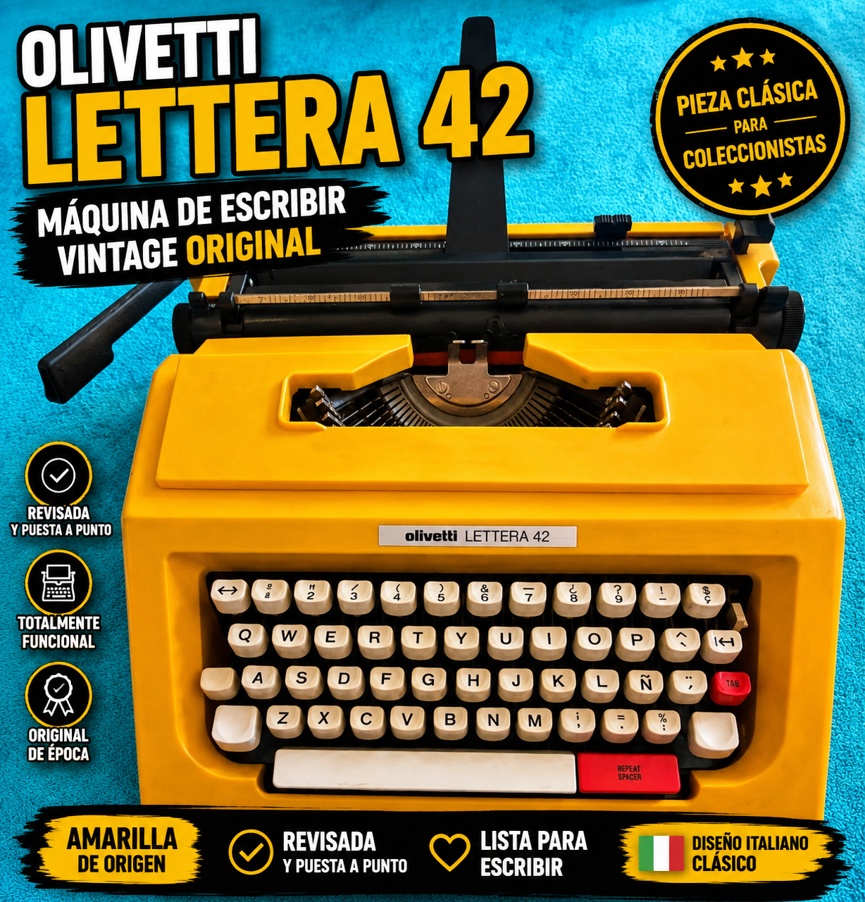 Olivetti Lettera 42 Amarilla Original – Máquina de Escribir Vintage Revisada